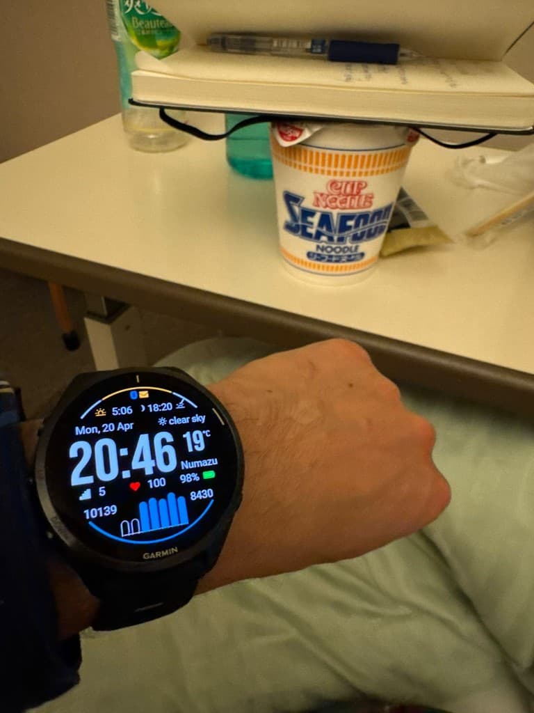 Garmin watch showing 10,139 steps at the hospital bedside